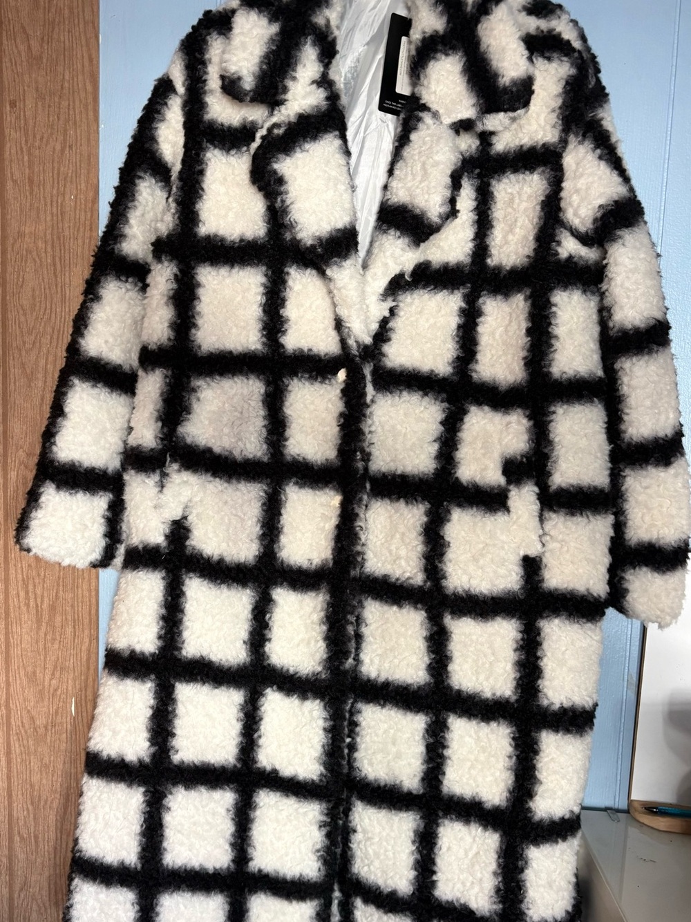 PrettyLittleThing Black & White Windowpane Teddy Coat
